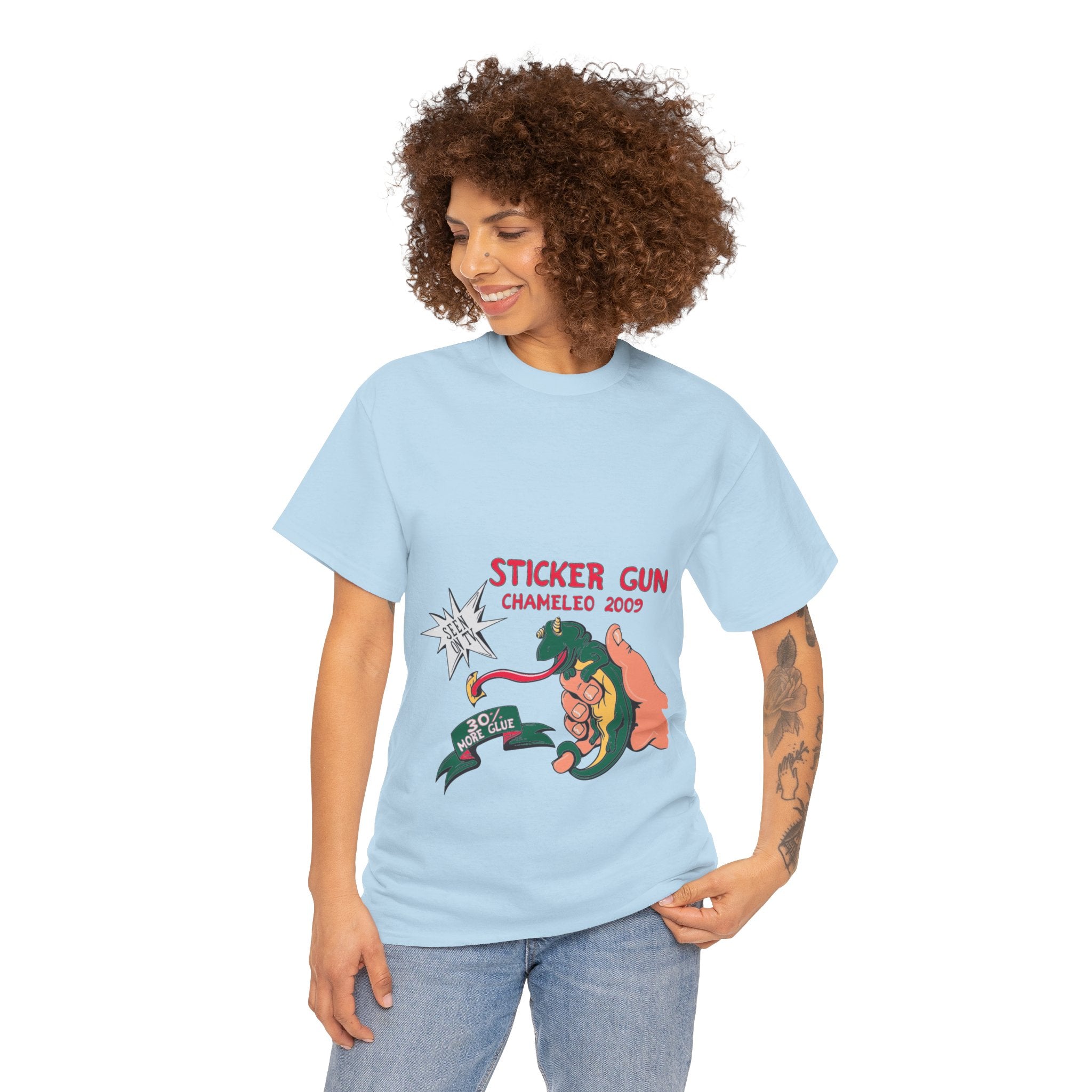 Retro Sticker Gun Unisex Heavy Cotton Tee - Nostalgic Graphic T-Shirt for Casual Wear