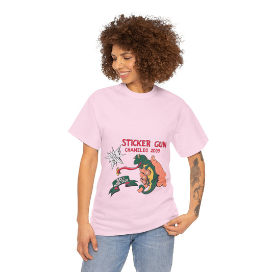 Retro Sticker Gun Unisex Heavy Cotton Tee - Nostalgic Graphic T-Shirt for Casual Wear