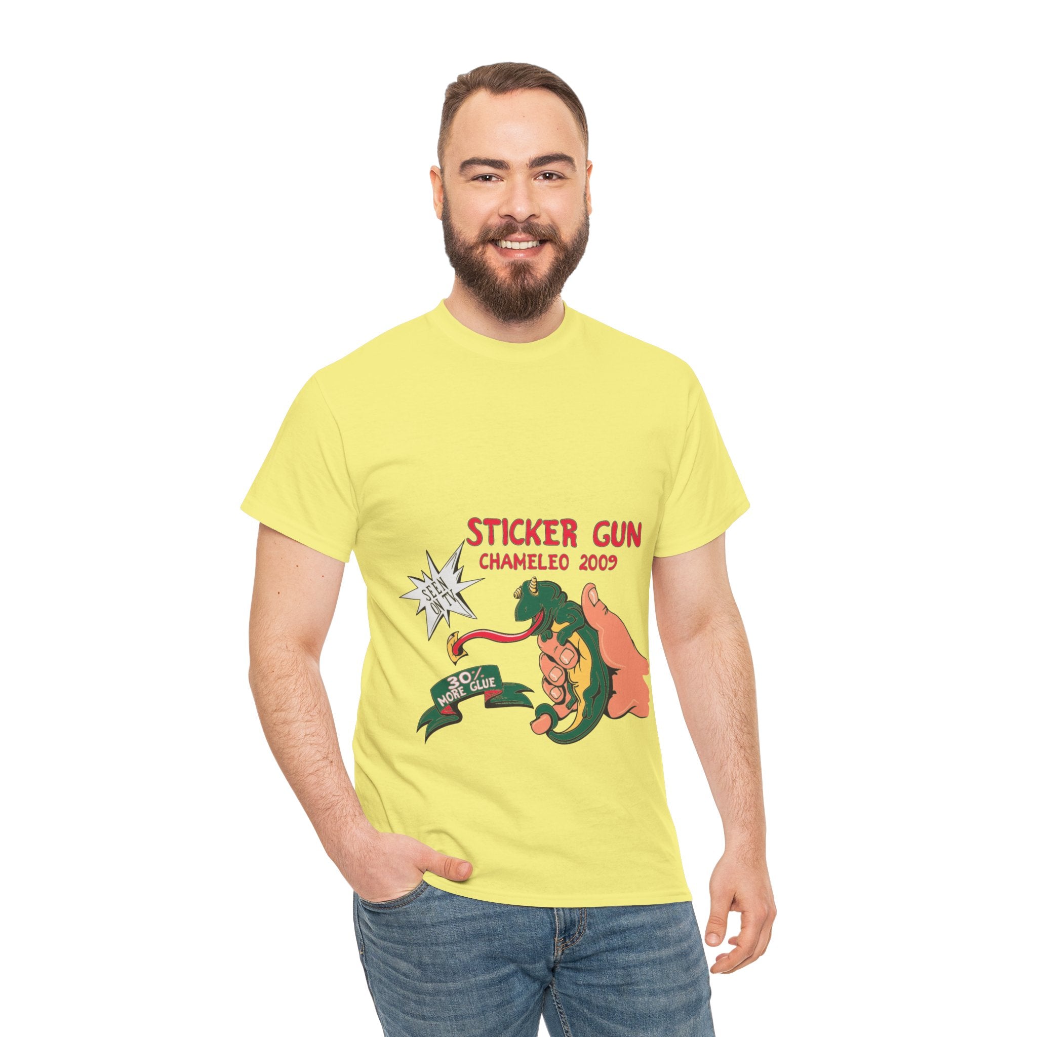 Retro Sticker Gun Unisex Heavy Cotton Tee - Nostalgic Graphic T-Shirt for Casual Wear