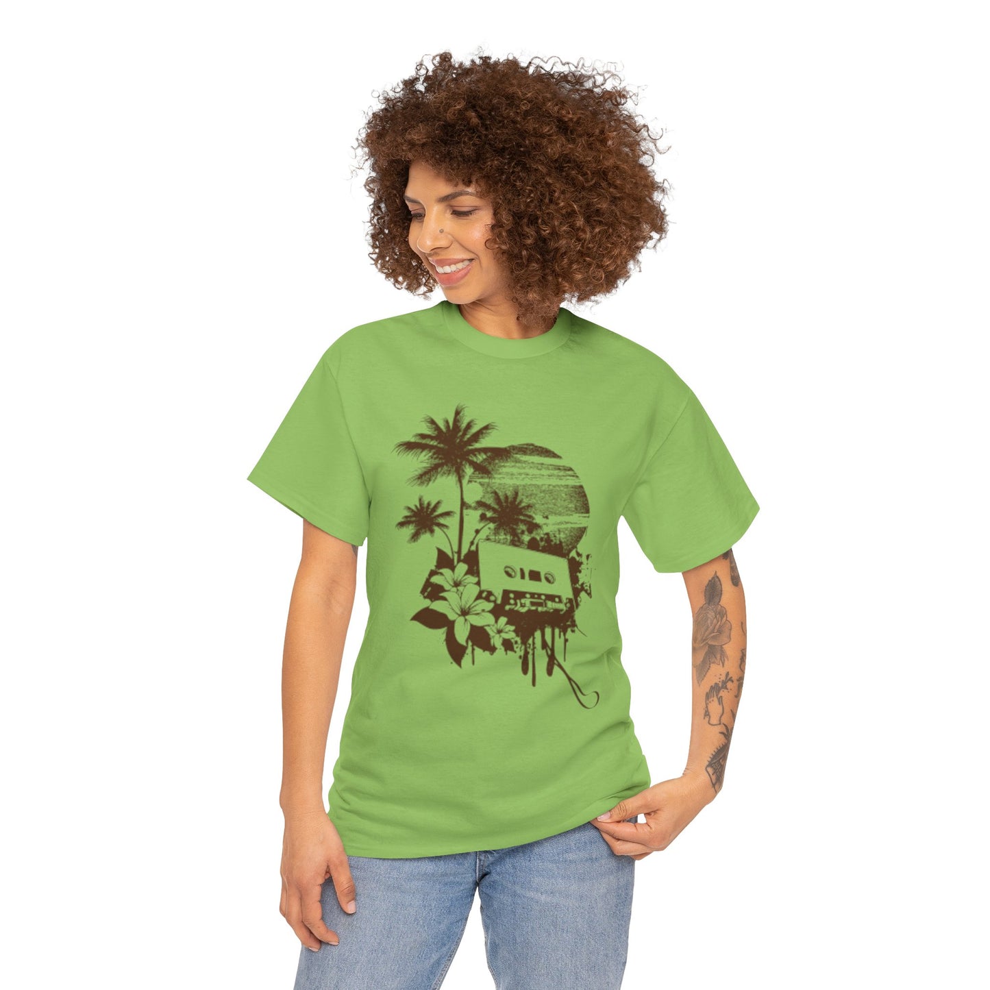 Retro Vibes Unisex Heavy Cotton Tee with Floral Cassette Design
