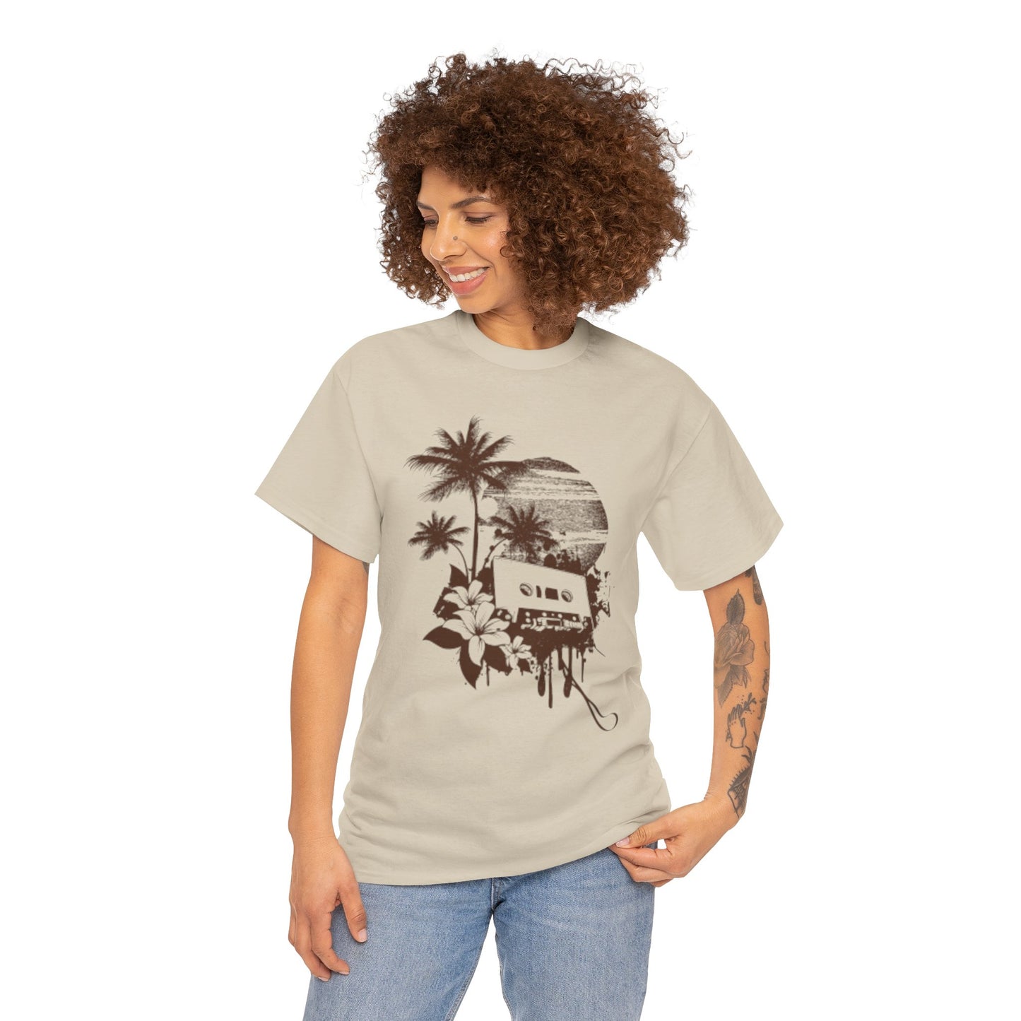 Retro Vibes Unisex Heavy Cotton Tee with Floral Cassette Design