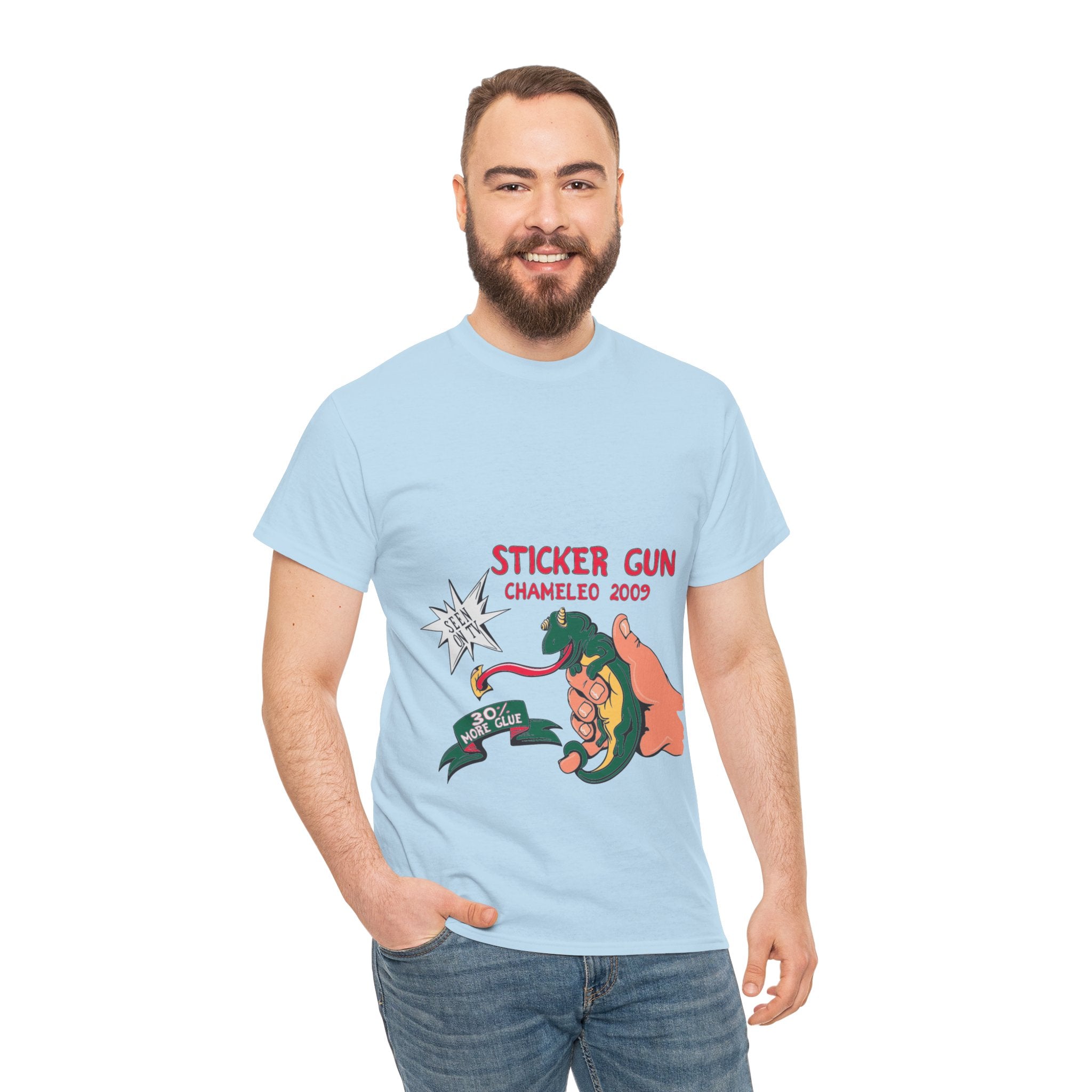 Retro Sticker Gun Unisex Heavy Cotton Tee - Nostalgic Graphic T-Shirt for Casual Wear