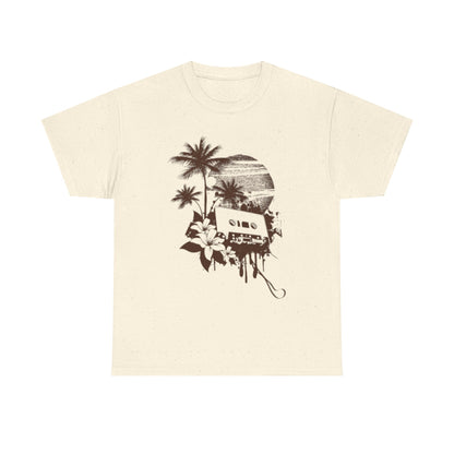 Retro Vibes Unisex Heavy Cotton Tee with Floral Cassette Design