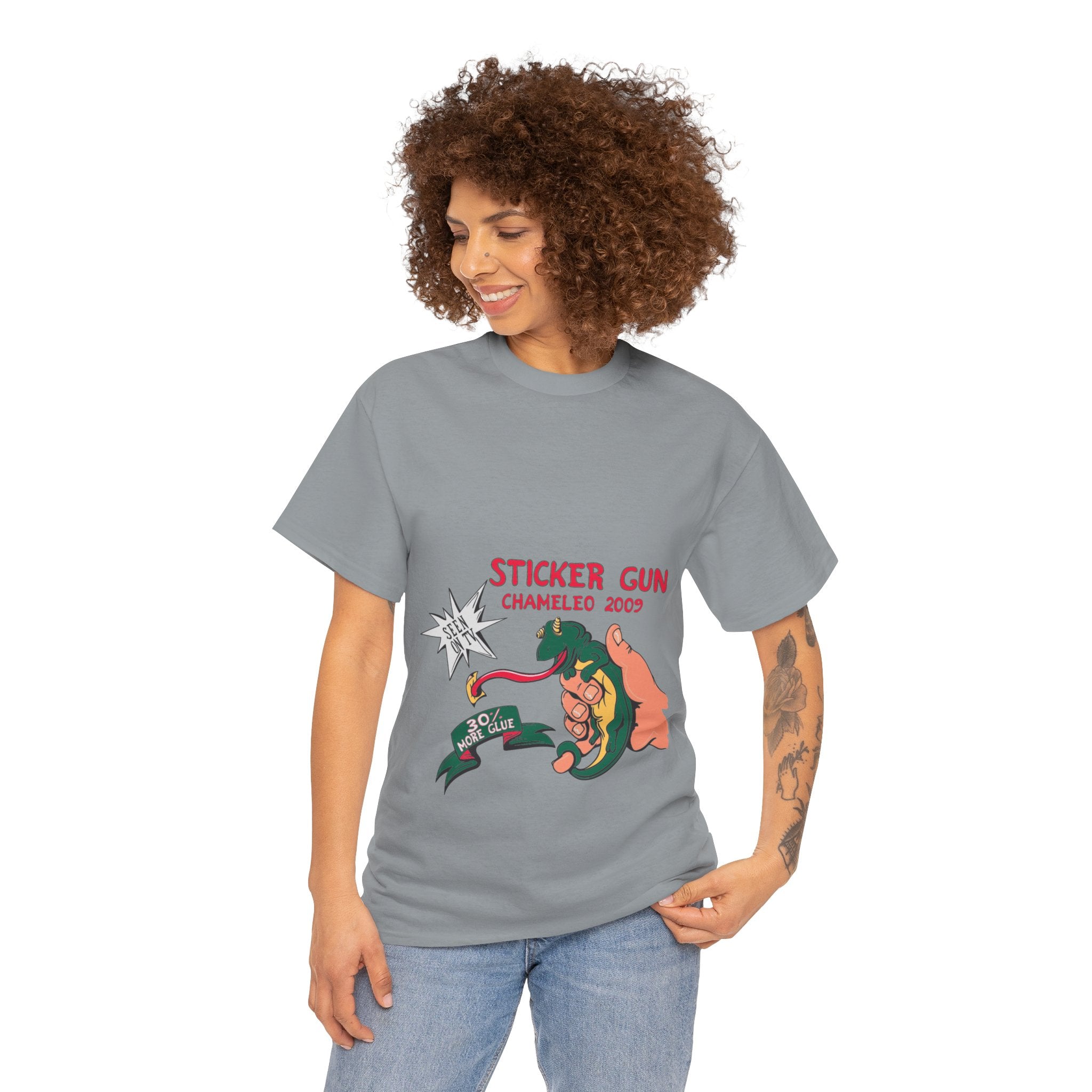 Retro Sticker Gun Unisex Heavy Cotton Tee - Nostalgic Graphic T-Shirt for Casual Wear
