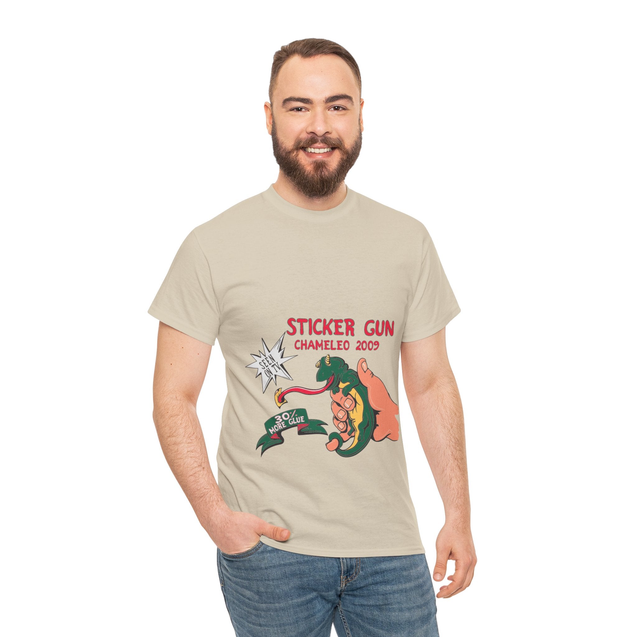 Retro Sticker Gun Unisex Heavy Cotton Tee - Nostalgic Graphic T-Shirt for Casual Wear