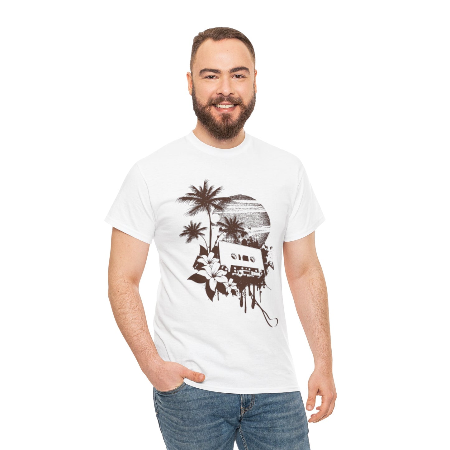 Retro Vibes Unisex Heavy Cotton Tee with Floral Cassette Design