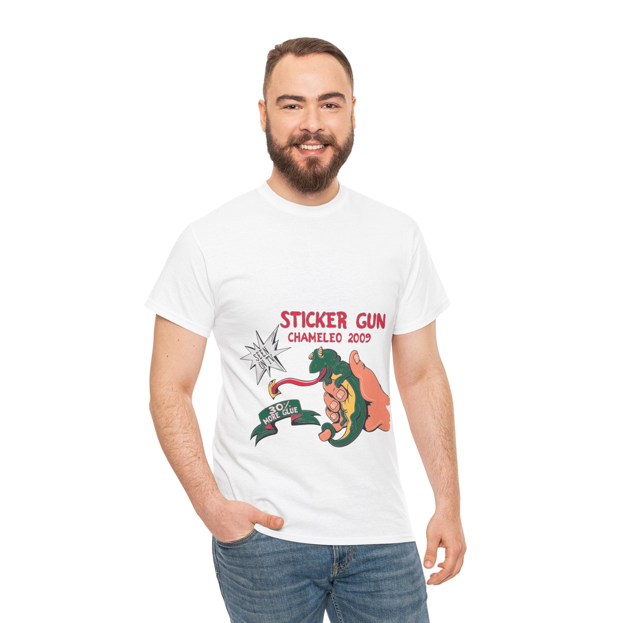 Retro Sticker Gun Unisex Heavy Cotton Tee - Nostalgic Graphic T-Shirt for Casual Wear