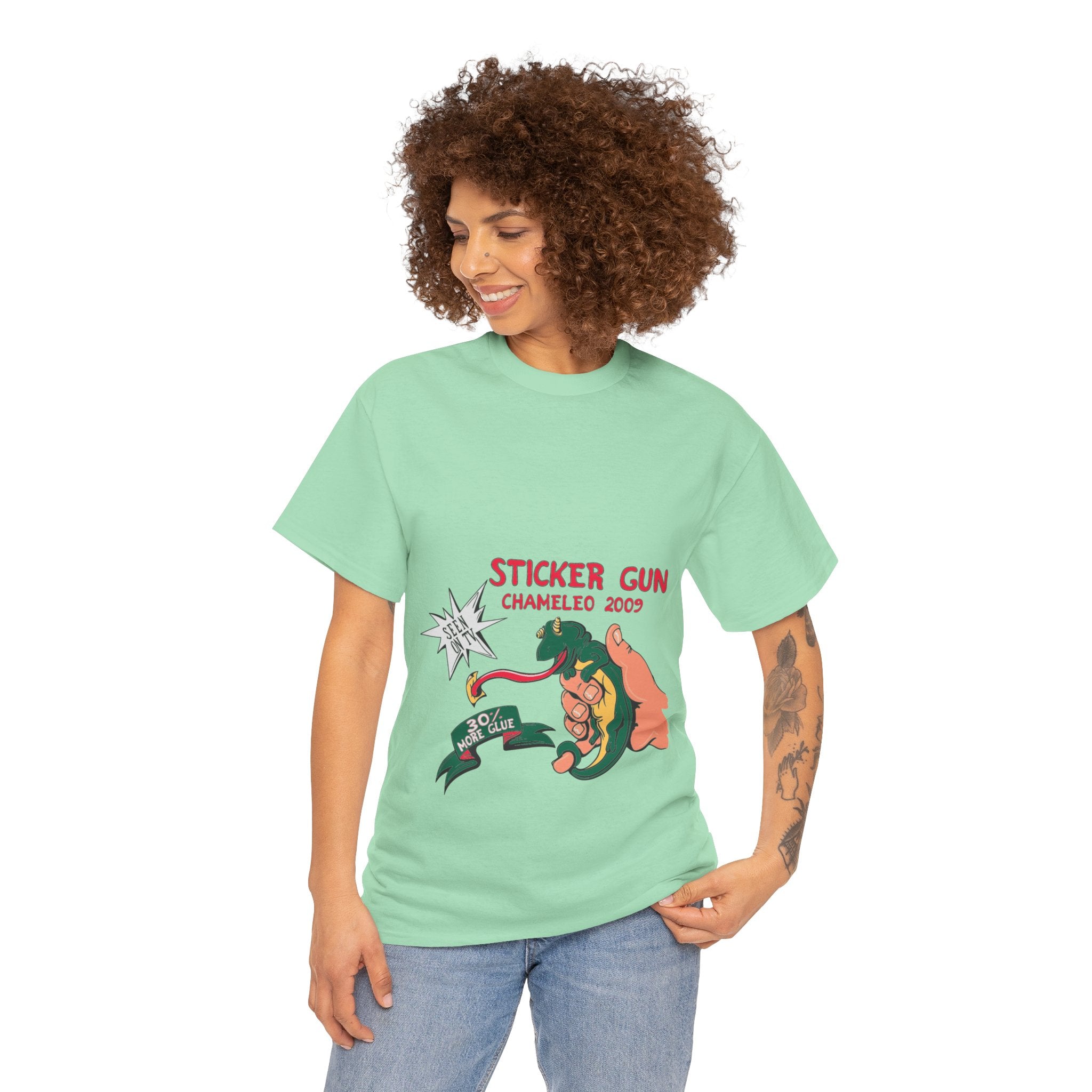 Retro Sticker Gun Unisex Heavy Cotton Tee - Nostalgic Graphic T-Shirt for Casual Wear