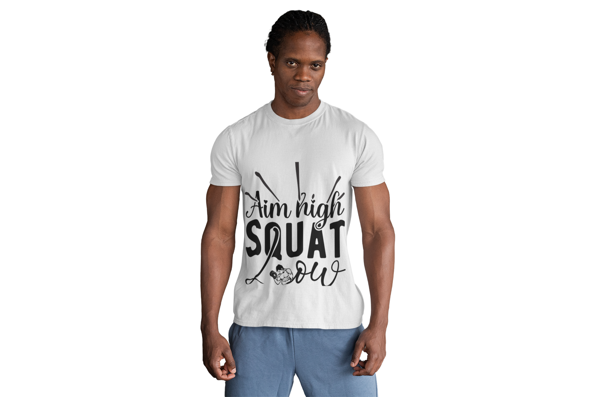 Men's Motivational Workout T-Shirt - "Aim High Squat Low"