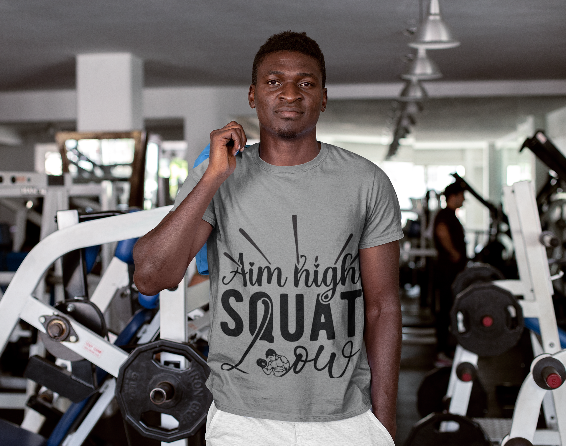 Men's Motivational Workout T-Shirt - "Aim High Squat Low"