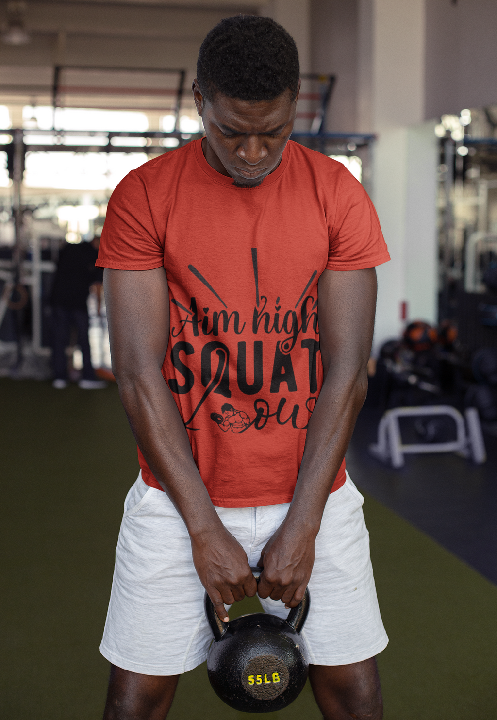 Men's Motivational Workout T-Shirt - "Aim High Squat Low"
