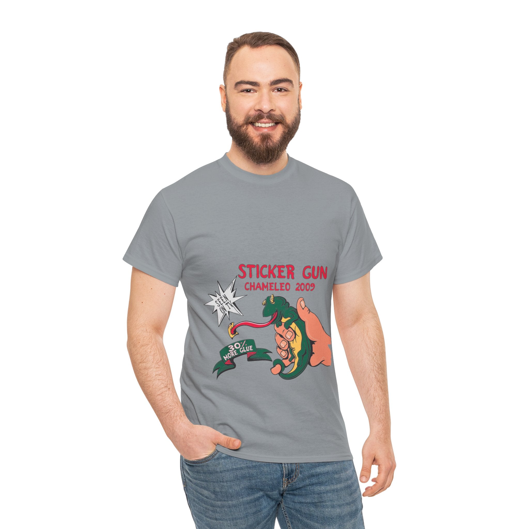 Retro Sticker Gun Unisex Heavy Cotton Tee - Nostalgic Graphic T-Shirt for Casual Wear