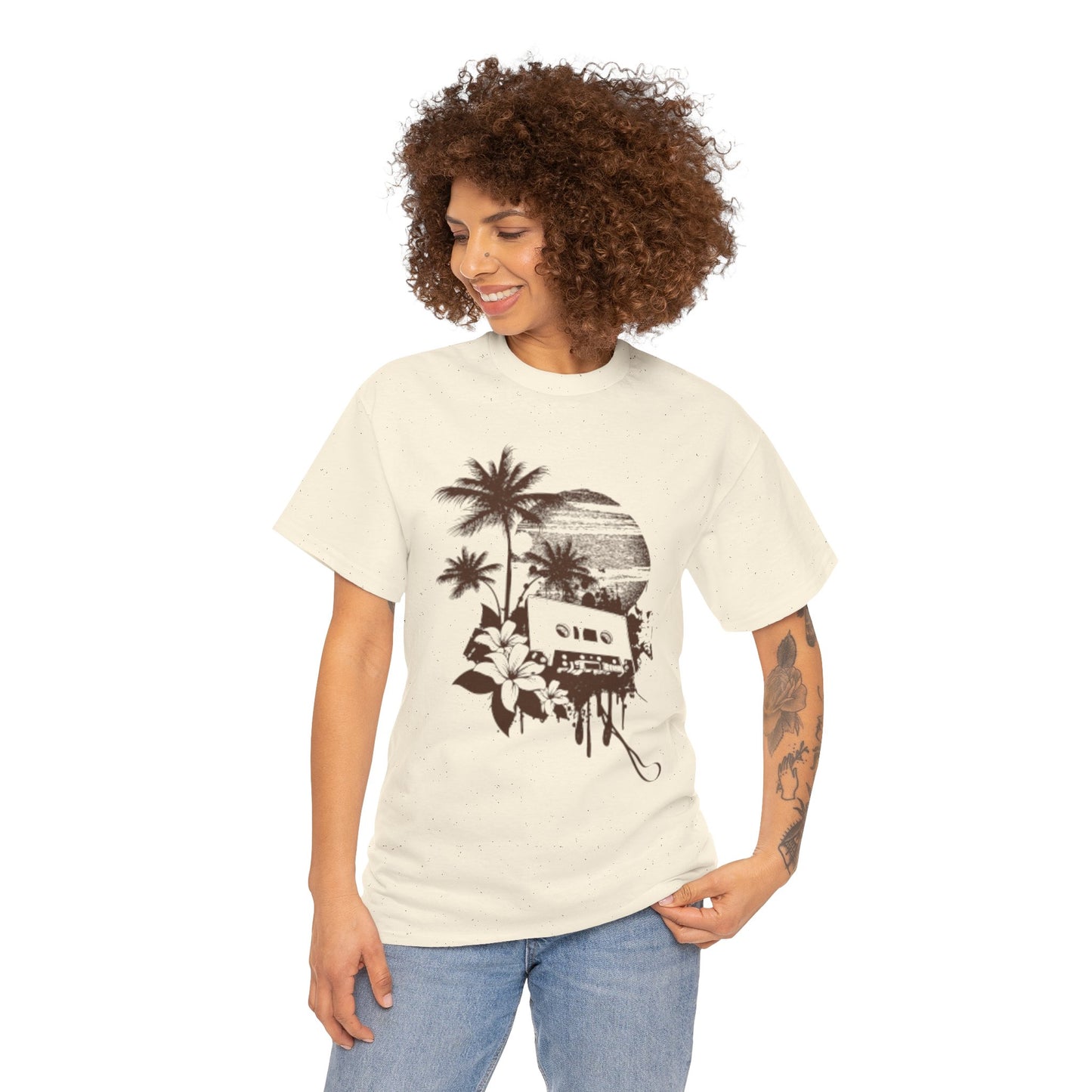 Retro Vibes Unisex Heavy Cotton Tee with Floral Cassette Design