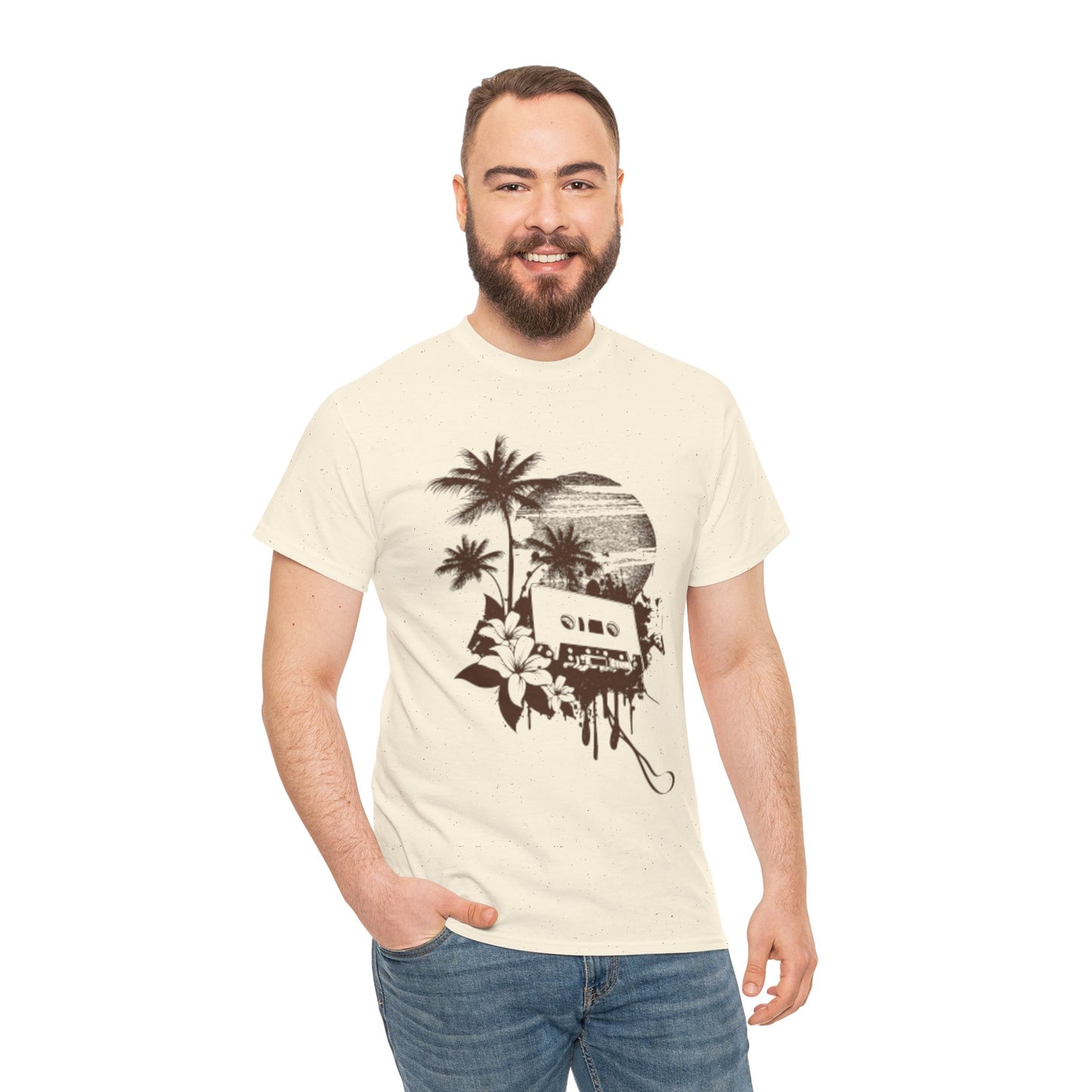 Retro Vibes Unisex Heavy Cotton Tee with Floral Cassette Design