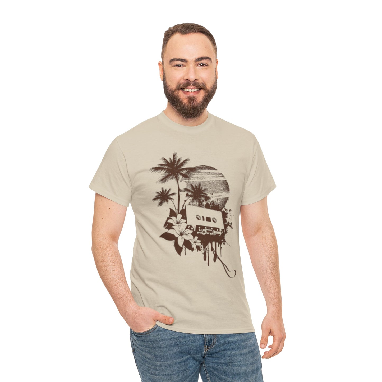 Retro Vibes Unisex Heavy Cotton Tee with Floral Cassette Design