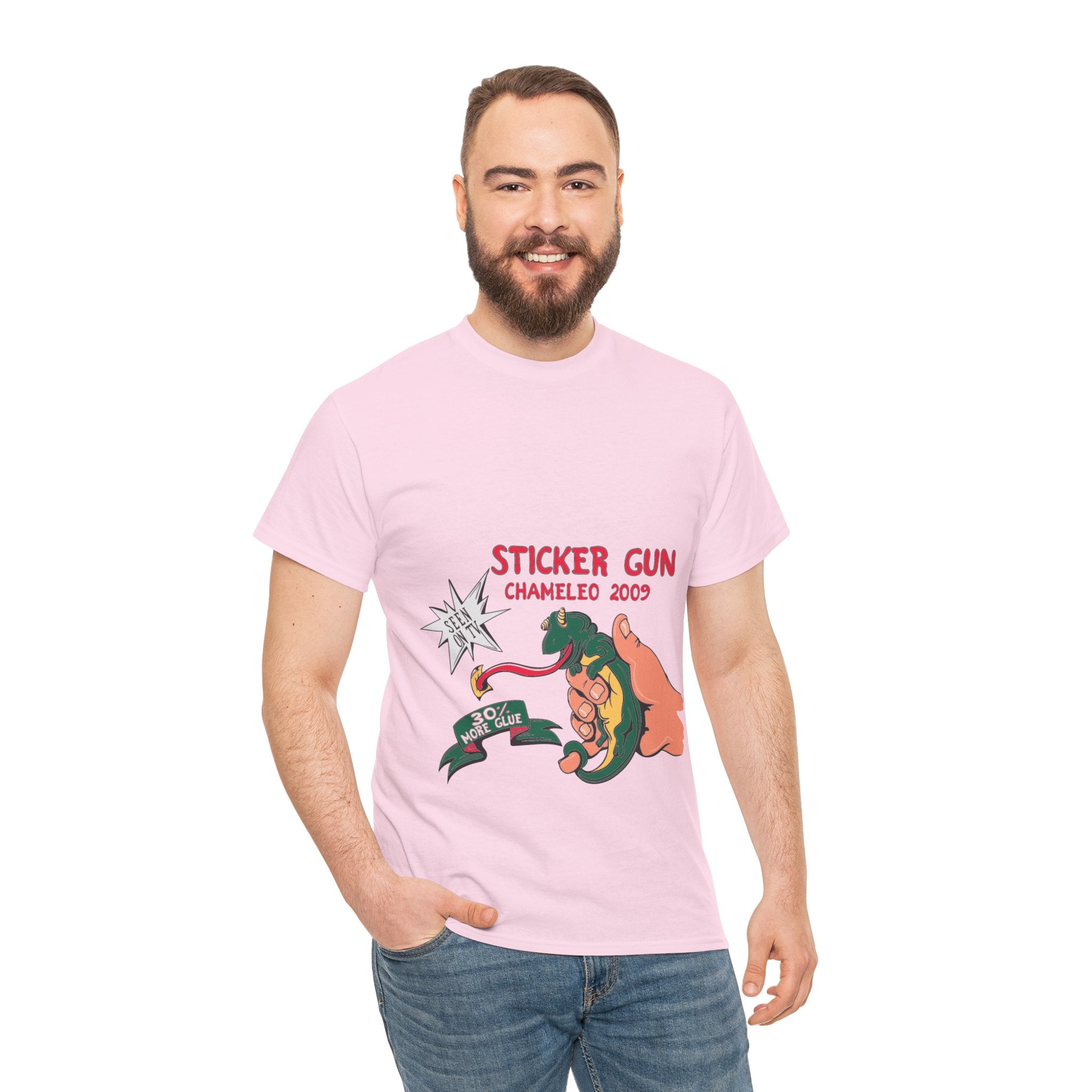 Retro Sticker Gun Unisex Heavy Cotton Tee - Nostalgic Graphic T-Shirt for Casual Wear