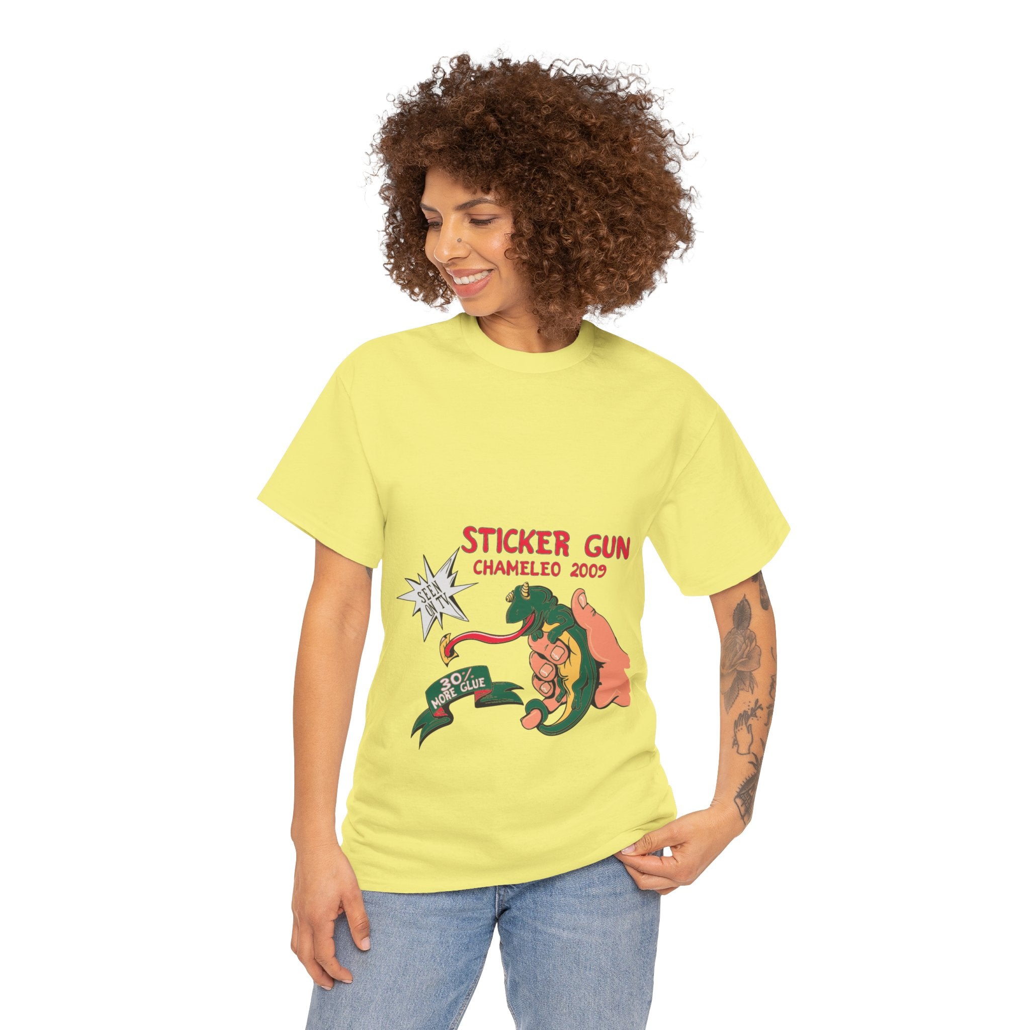 Retro Sticker Gun Unisex Heavy Cotton Tee - Nostalgic Graphic T-Shirt for Casual Wear