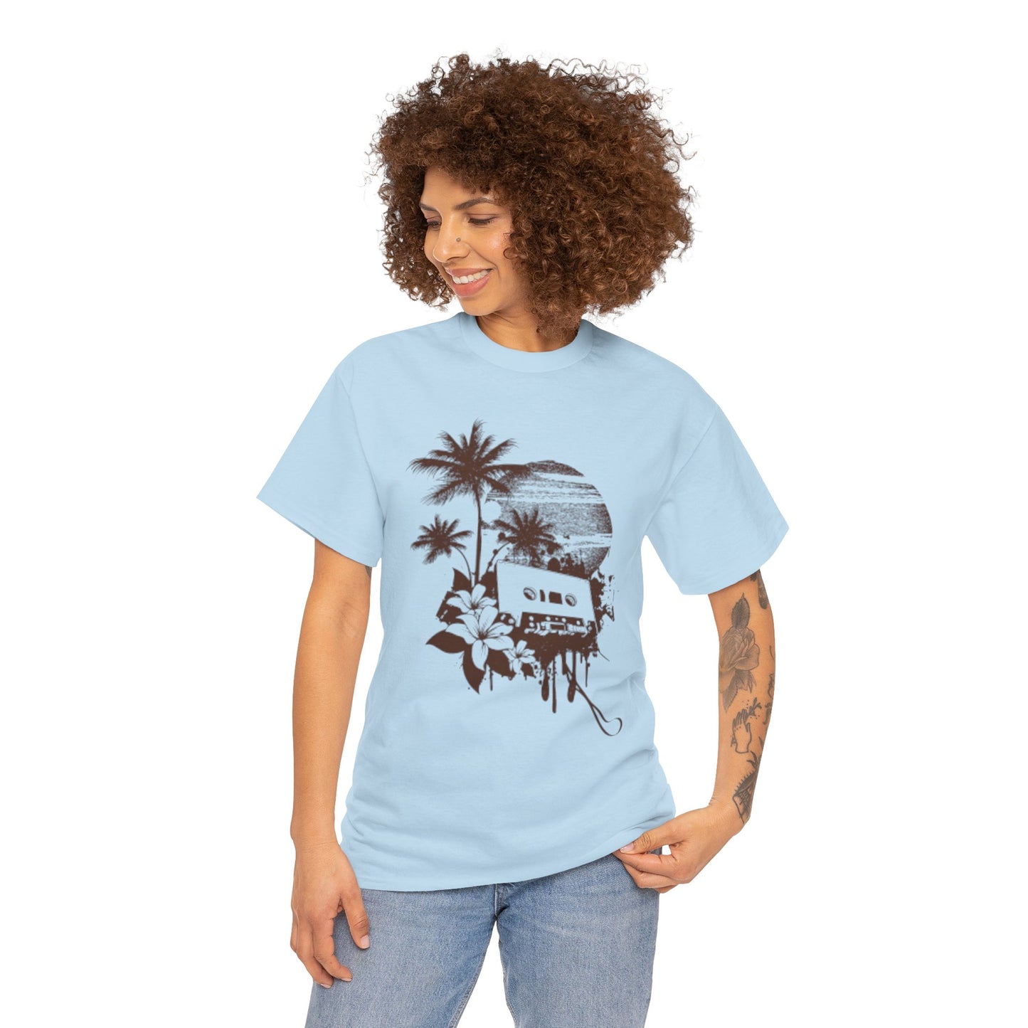 Retro Vibes Unisex Heavy Cotton Tee with Floral Cassette Design