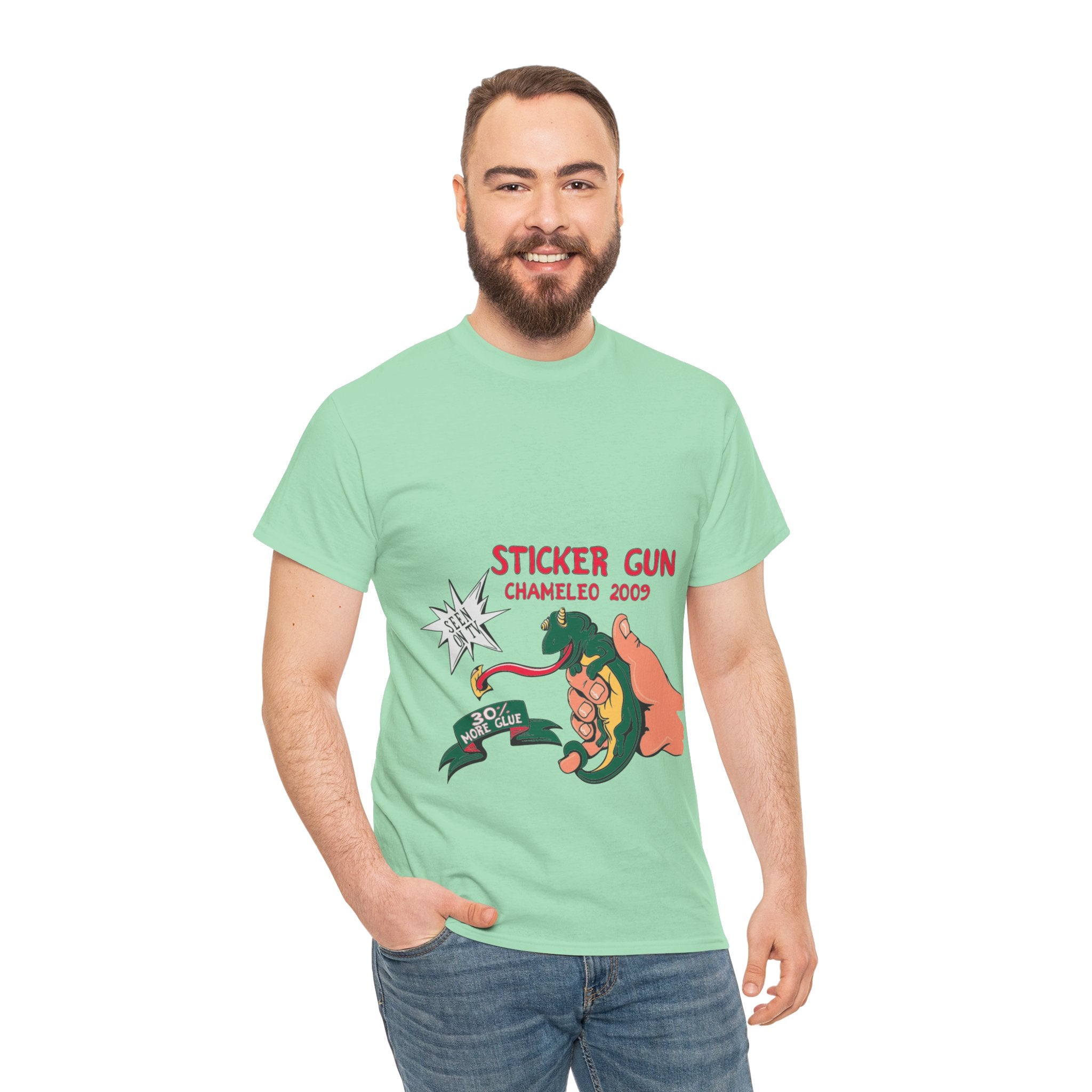 Retro Sticker Gun Unisex Heavy Cotton Tee - Nostalgic Graphic T-Shirt for Casual Wear