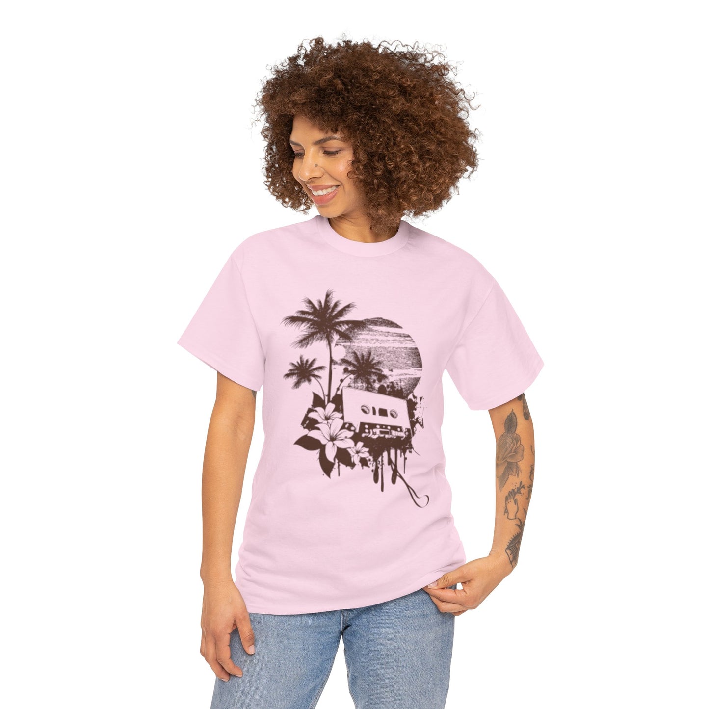 Retro Vibes Unisex Heavy Cotton Tee with Floral Cassette Design